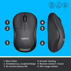 Logitech M220 Silent Wireless Mobile Mouse 18-Month Battery Life & Auto Sleep - CHARCOAL