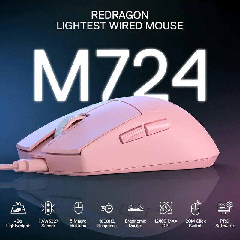 Redragon M724 Wired Gaming12,400 Max DPI Optical Gaming Mouse  Software Supports DIY Keybinds & DPI, Pink Secondary image